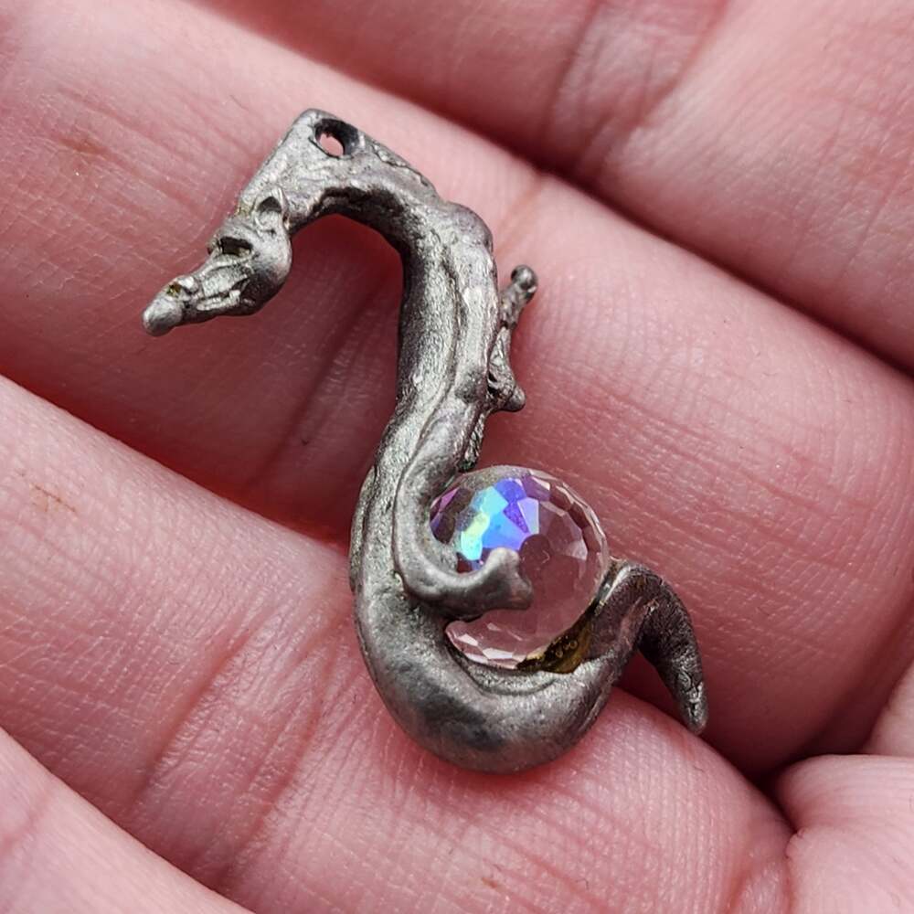 Vintage 90s Dragon Pendant Pink Iridescent Faceted Orb Silver Tone Fantasy Goth